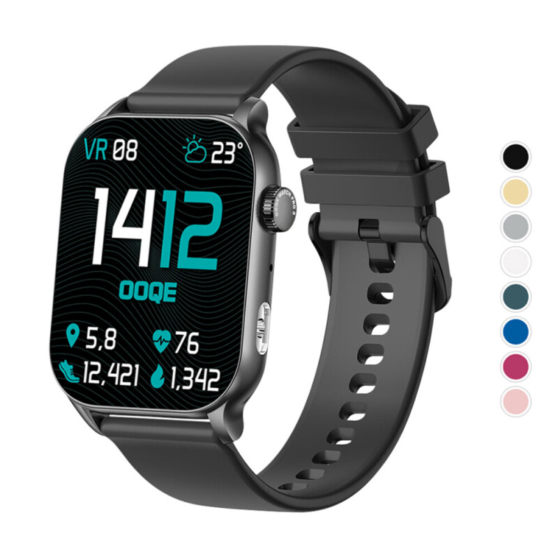 OOQE Watch Pro 8 smartwatch met groot AMOLED scherm en strak design voor dagelijks gebruik. Verkrijgbaar in 8 verschillende kleuren. 