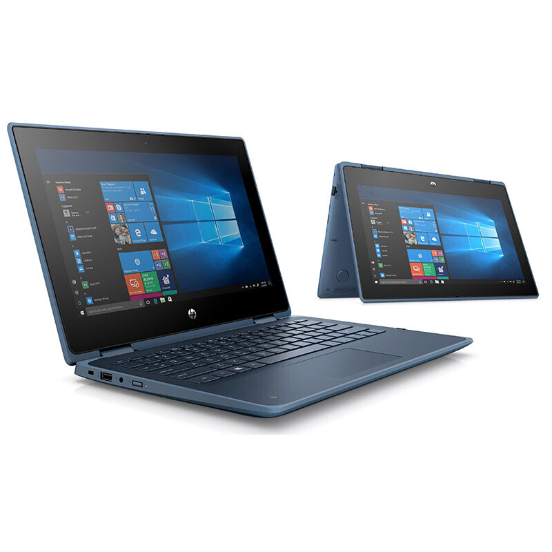 Blauwe HP ProBook X360 G5 2-in-1 laptop schuin van voren met toetsenbord en aansluitingen in beeld.