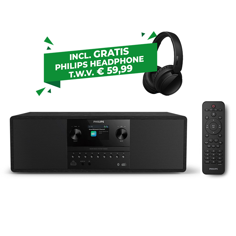 Philips audiosysteem met afstandsbediening en gratis draadloze Philips koptelefoon op een witte achtergrond.