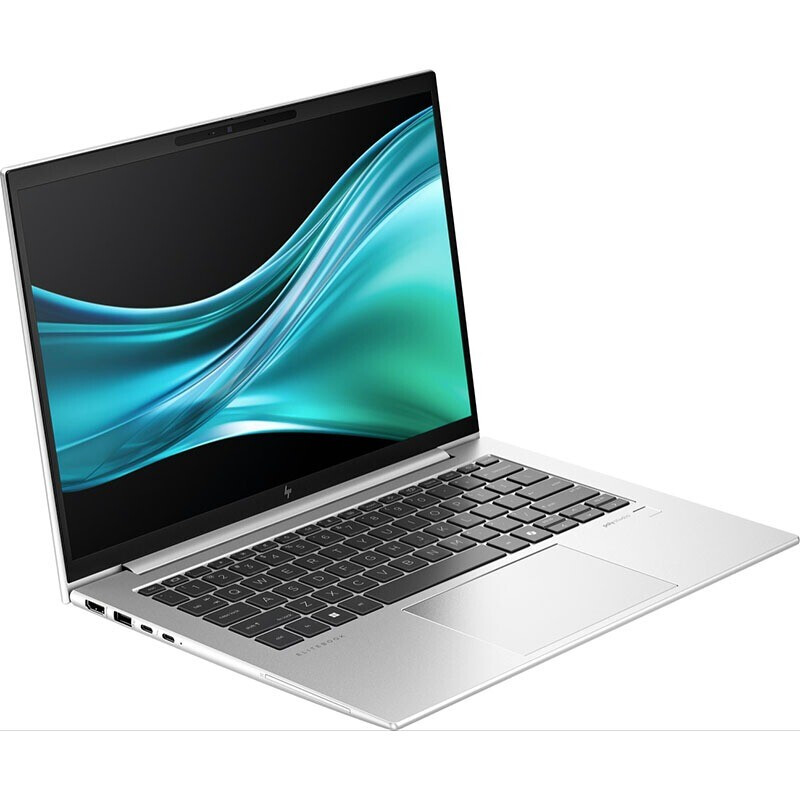 Schuin vooraanzicht van de HP EliteBook 845 G11 laptop met smalle schermranden, zilveren behuizing en helder display.