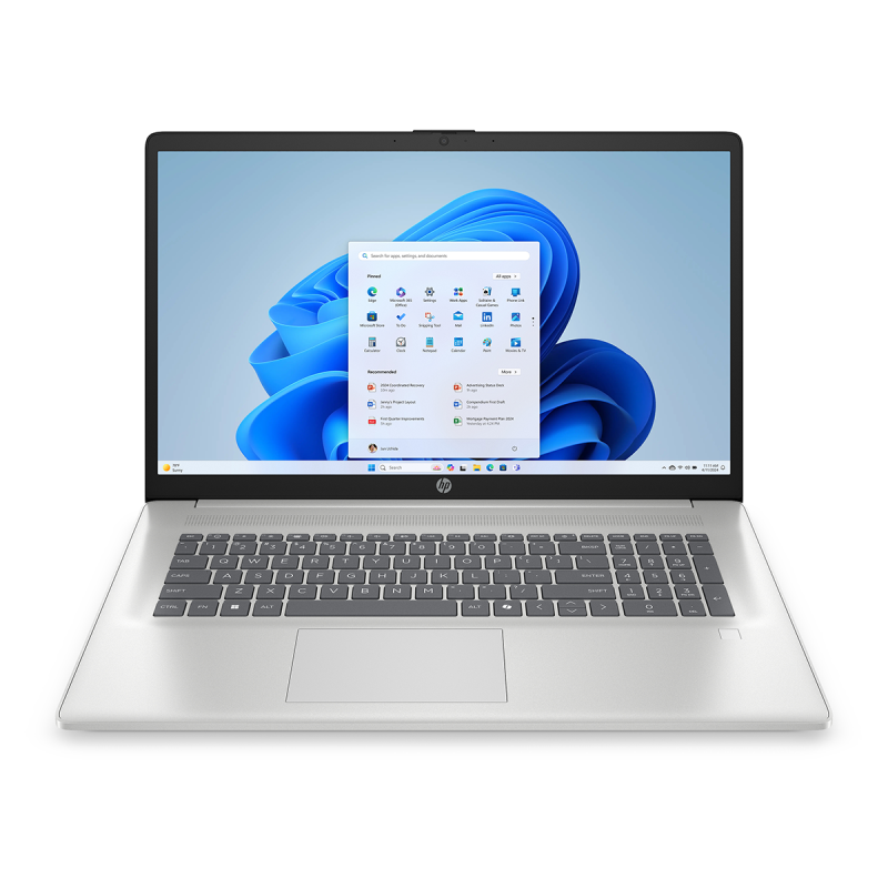 Zilveren HP-laptop met homescreen.